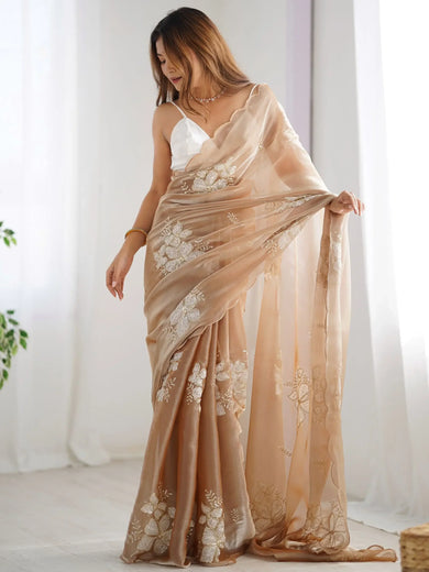 Incredible Beige Embroidered Organza Traditional Saree With Blouse